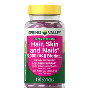 Spring Valley Extra Strength Hair Skin & Nails Collagen Support Softgels, 5000 Mcg Biotin, 120 Count