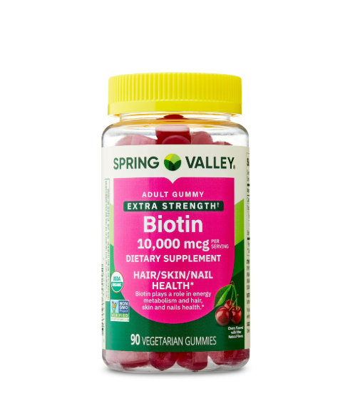 Spring Valley Organic Extra Strength Biotin Vegetarian Gummies for Hair/Skin/Nail Health, Cherry, 10000 mcg, 90 Count