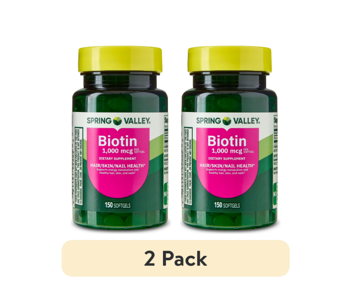 (2 pack) Spring Valley Biotin Dietary Supplement Softgels for Hair/Skin/Nails Health, 1,000 mcg, 150 Count