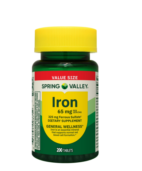 Spring Valley General Health & Wellness Iron Tablets Dietary Supplement Value Size, 65 mg, 200 Count