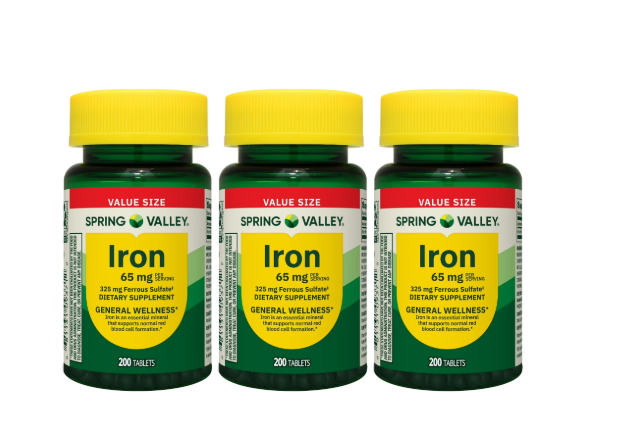 (3 pack) Spring Valley General Health & Wellness Iron Tablets Dietary Supplement Value Size, 65 mg, 200 Count