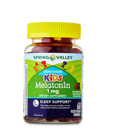 Spring Valley Zero Sugar Kids Melatonin Sleep Support Dietary Supplement Gummies, Blackberry and Raspberry, 1 mg, 60 Count