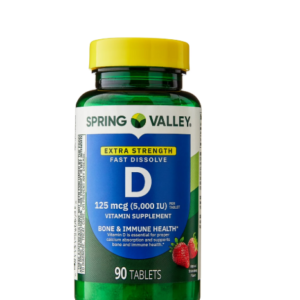 Spring Valley Extra Strength Vitamin D3, 125 mcg (5,000 IU), 90 Count, Strawberry Flavor, Dietary Supplement Fast Dissolve Tablets