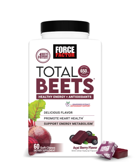 Force Factor Total Beets, Beet Root Supplement with Beetroot Powder for Heart Health, Nitric Oxide & Energy, Acai Berry, 60 Soft Chews