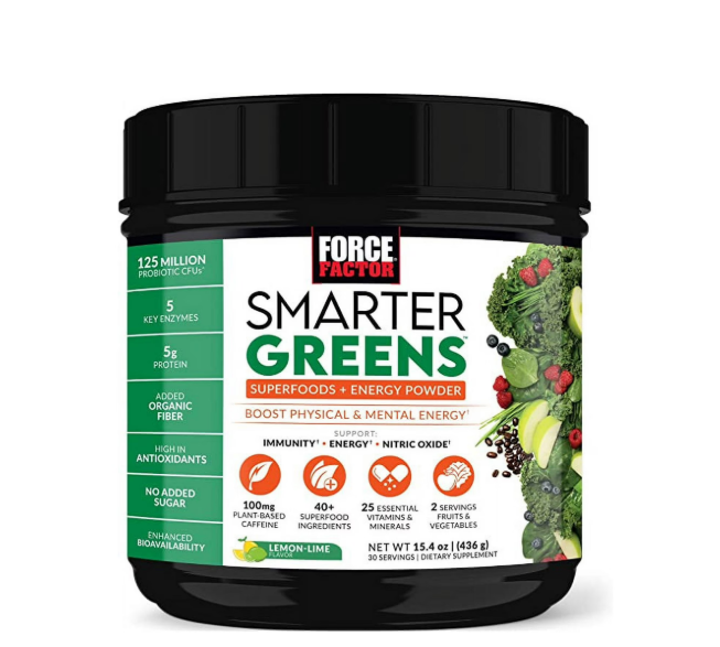 Force Factor Smarter Greens Superfoods Energy Powder, Greens Powder with Caffeine and Probiotics for Energy & Digestion, Lemon Lime, 30 Servings